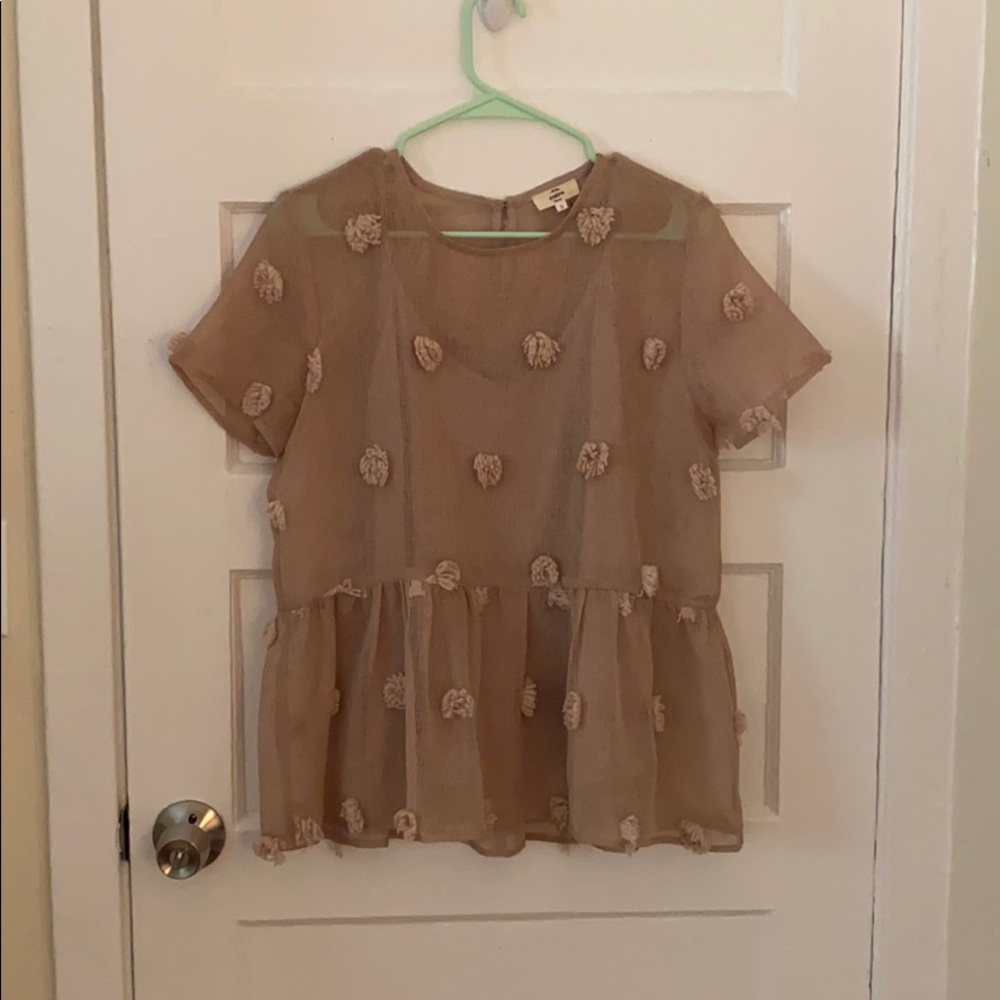 Taupe pom pom blouse
